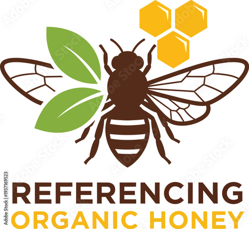 Organic honey bee logo template with honeycomb and green leaves, natural product branding vector.