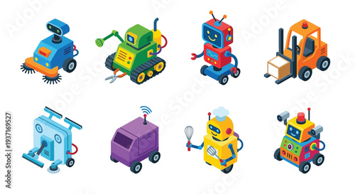 Isometric collection of colorful robots performing various tasks and functions