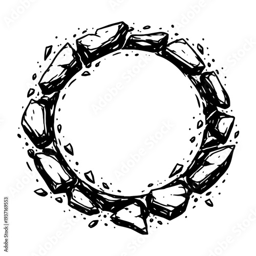 Black and white illustration of a circle made of ice cubes and shards on a white background