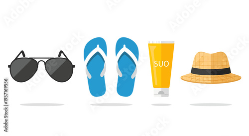 Flat design illustration of summer vacation essentials sunglasses, blue flip-flops, sunscreen, and a straw hat, perfect for beach holidays and sunny travel