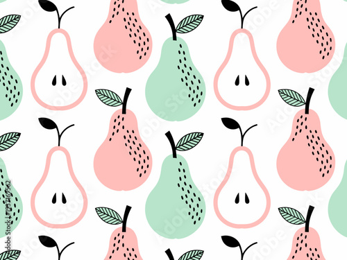 Seamless pattern of pastel pink and mint green pears with black seeds and leaves white