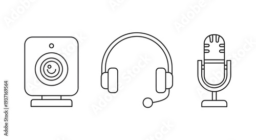 Vector line icons for digital communication a webcam, headset with microphone, and stand microphone. Essential tools for virtual meetings, online calls, streaming, and content