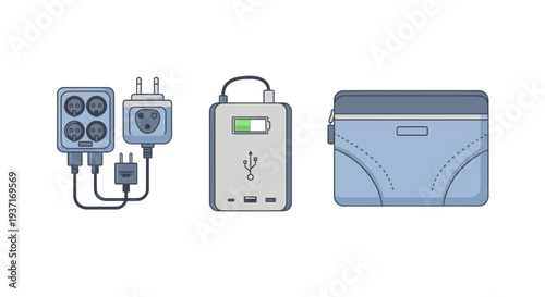 Modern travel tech essentials vector set versatile power adapter, portable charger, and utility pouch. Perfect for organized global adventures and seamless connectivity