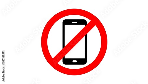 A red, circular prohibition symbol overlaid a black mobile phone silhouette on a white background