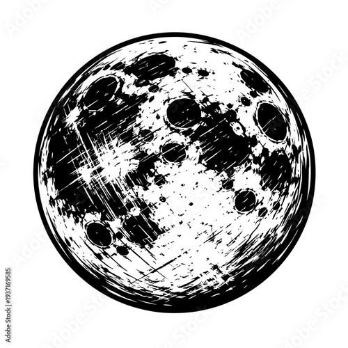 Detailed illustration of a moon with craters and scratches in black and white