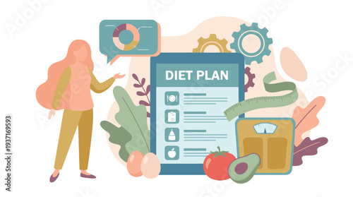 Healthy lifestyle and diet plan concept illustration with woman, tablet, and food