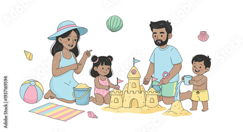 Joyful family summer vacation illustration, parents and children happily building sandcastles on a sunny beach, creating cherished memories together with beach toys