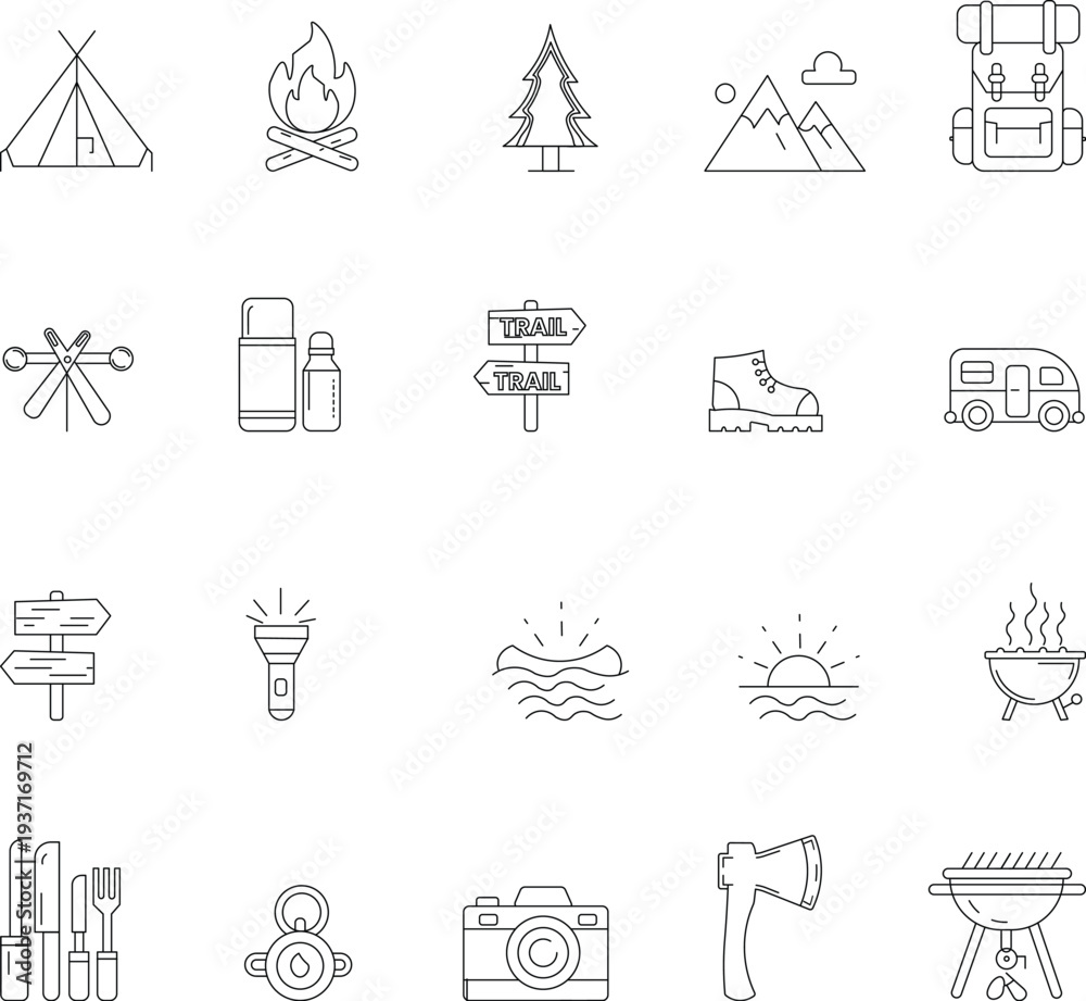 Fototapeta premium Outdoor Adventure and Camping Line Icon Vector Collection