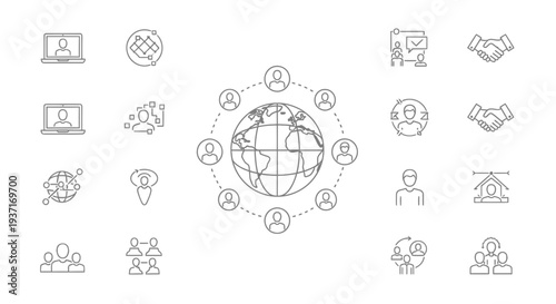 Collection of line art icons illustrating global business networking, digital collaboration, online communication, community, and team management concepts