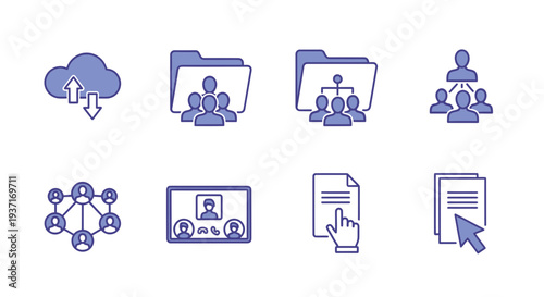 Streamlined Business Icons for Cloud Services, Teamwork, Social Networking, and Efficient Digital File Management Systems