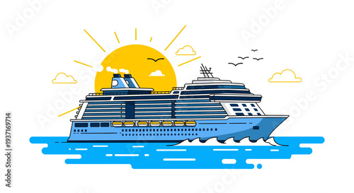 Vibrant illustration of a majestic cruise ship sailing across calm blue waters under a radiant sun, symbolizing luxurious ocean travel and tranquil voyages towards a scenic horizon
