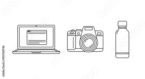 Sleek minimalist vector outline icons depicting a modern laptop with an open window, a classic digital camera, and a versatile beverage bottle, perfect for diverse design projects