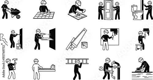 Construction and home repair worker icon set, professional contractor and handyman services symbols on black background.