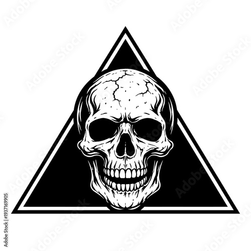 black and white skull in a triangle symbolizing death and danger with cracked surface and sharp teeth
