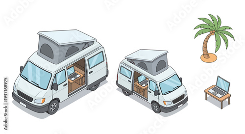 Isometric illustration of modern camper van with pop-up roof and laptop, ideal for digital nomads and remote work, symbolizing freedom and travel