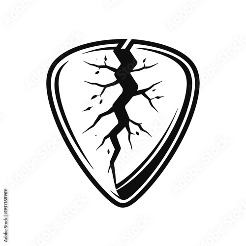 Black and white guitar pick with cracked design and tree silhouette inside, symbolizing music and nature fusion.