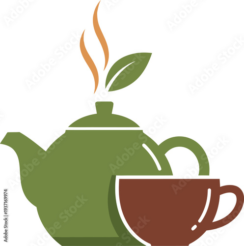 Green tea pot and brown cup logo, organic herbal beverage and cafe branding vector.