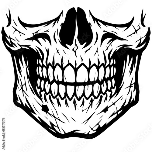 Black and white illustration of a skull with a menacing grin, symbolizing mortality and the darker aspects of human nature.