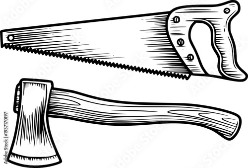 Vintage hand saw and axe tool in black and white line style retro