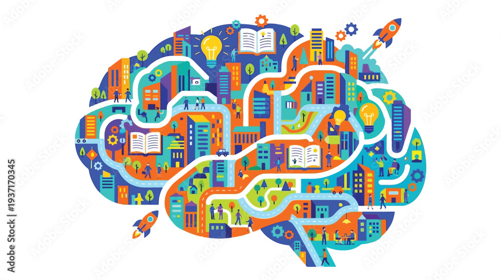Naklejka premium Creative Brain City Concept Solid Color Flat Vector Illustration