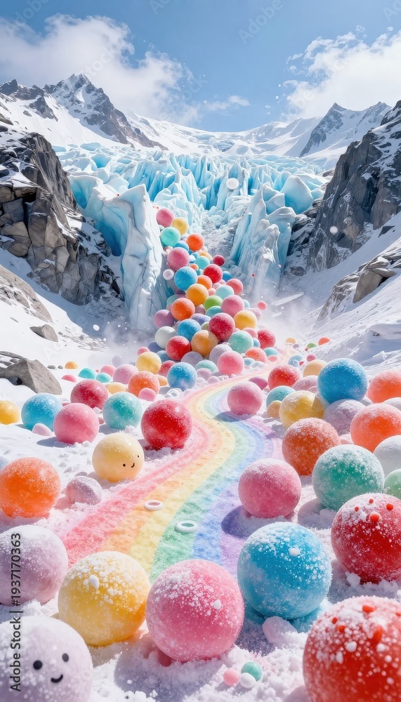 Fototapeta premium Vibrant rainbow-colored candy balls cascade down snowy mountains