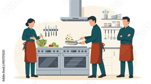 Chefs cooking in a professional kitchen, preparing food and salad