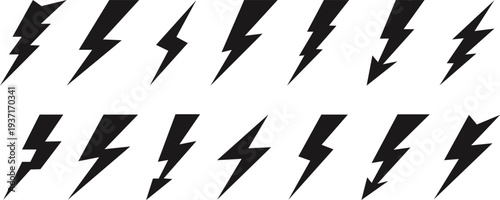 Lightning bolt icons set electric power, energy flash, thunder symbol vector silhouettes and outline shapes for electricity, storm, voltage warning sign design collection group