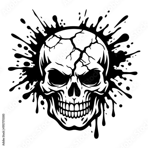 Black and white illustration of a skull with cracked surface and paint splatters around it, symbolizing death and artistic expression