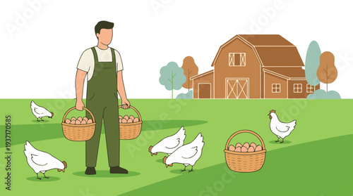 Farmer collecting eggs with chickens on a rural farm, barn in background