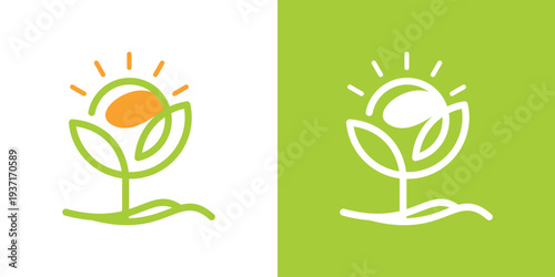 Minimalist logo design of a plant with the sun perfect for ecofriendly brands.