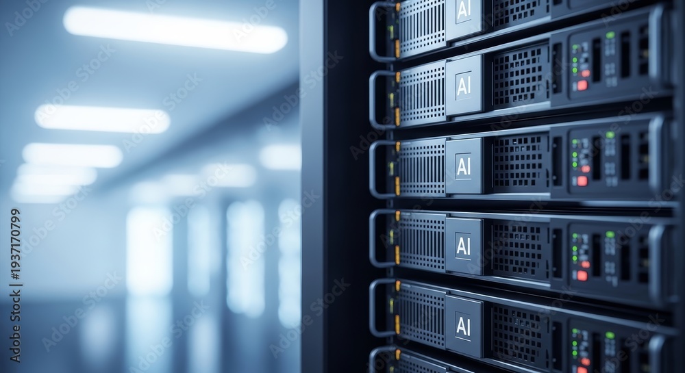 Fototapeta premium Server racks in a data center with AI labels, representing advanced technology and digital infrastructure