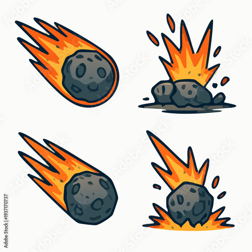 Meteor Asteroid Impact Illustration Set - Fiery Space Rock with Flames and Explosion, Cartoon Collision Vector
