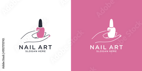 Nail Art Logo Design with Hand Holding Nail Polish Bottle.