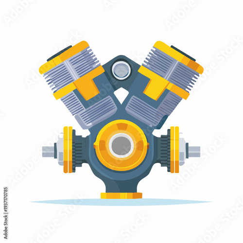 V-Twin Engine Illustration - Motorcycle Motor with Cylinders and Pistons, Mechanical Vector Icon
