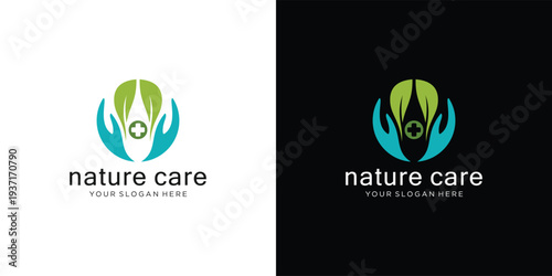 Nature Care Logo Design with Leaves and Hands for Health.