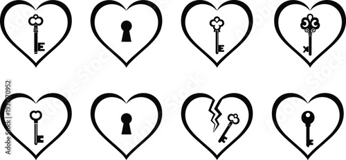 Set of black heart silhouettes featuring vintage keys and keyholes including a broken heart for love romance security and creative graphic design.