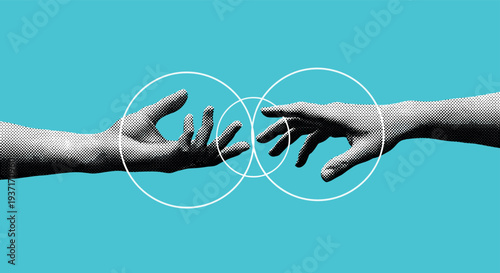 Human connection concept with two reaching hands in vintage engraving style, overlapping circles