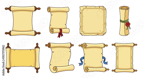 Collection of vintage parchment scrolls and aged paper documents