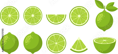 Lime Icon Set Featuring Whole Lime, Lime Halves, Lime Slices and Citrus Wedges for Fresh Drink Design and Healthy Food Illustration
