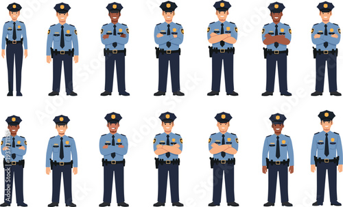 Police Officer Character Collection with Different Poses and Diverse Uniformed Law Enforcement Personnel Standing in Various Positions Vector Illustration Set