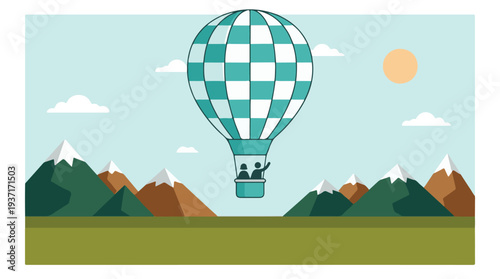 Hot air balloon with passengers soaring over a serene mountain landscape