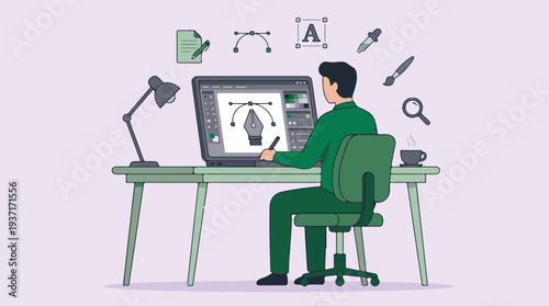 Graphic Designer Creating Vector Art on Laptop with Digital Tools