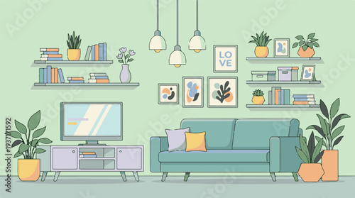 Cozy modern living room interior with plants, shelves, and television