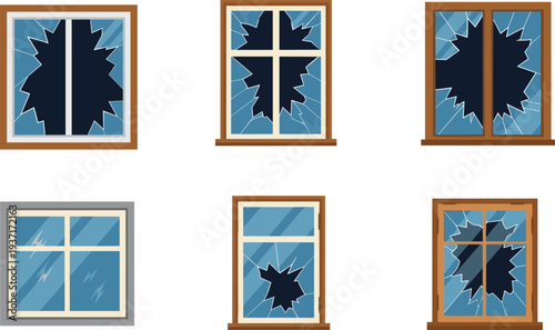 Broken Window Glass Damage Set Cracked and Shattered House Windows Frames Isolated Flat Vector Illustration Collection