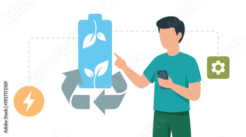 Man controls green energy battery, recycling and sustainable technology concept
