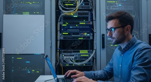 Male IT professional wearing glasses, focused on his laptop in a server room surrounded by blinking lights and racks of equipment