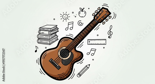 Acoustic Guitar with Musical Notes and Accessories.