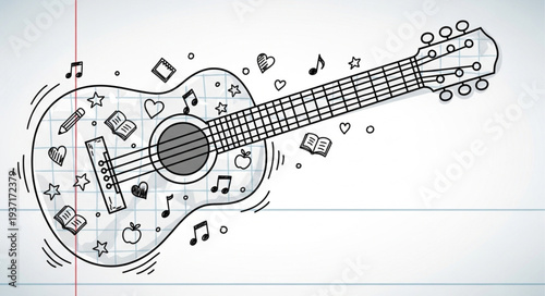 Acoustic Guitar with Musical Notes and Symbols.