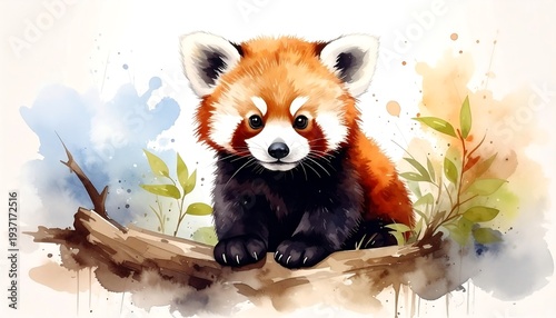 A red panda sits on a branch in watercolor with soft colors and fuzzy details