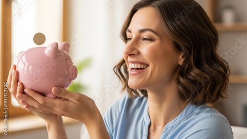 Woman smiling while holding a pink piggy bank and a coin representing savings